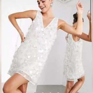 ASOS Edition mini shift dress with 3D floral embellishment in white